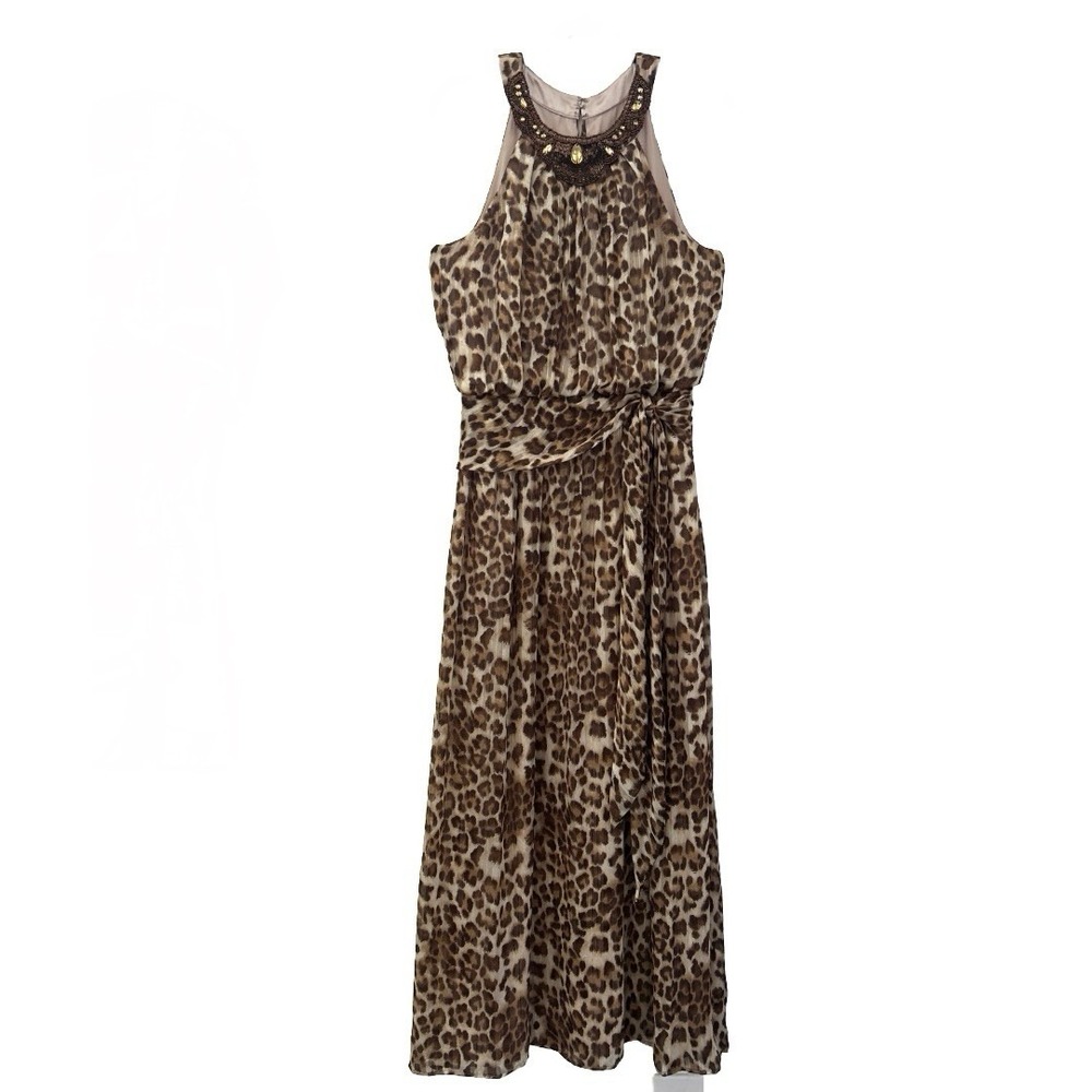 Eliza J Leopard Print Sleeveless Maxi Dress Size‎ 10 Beaded Neckline Tie Waist